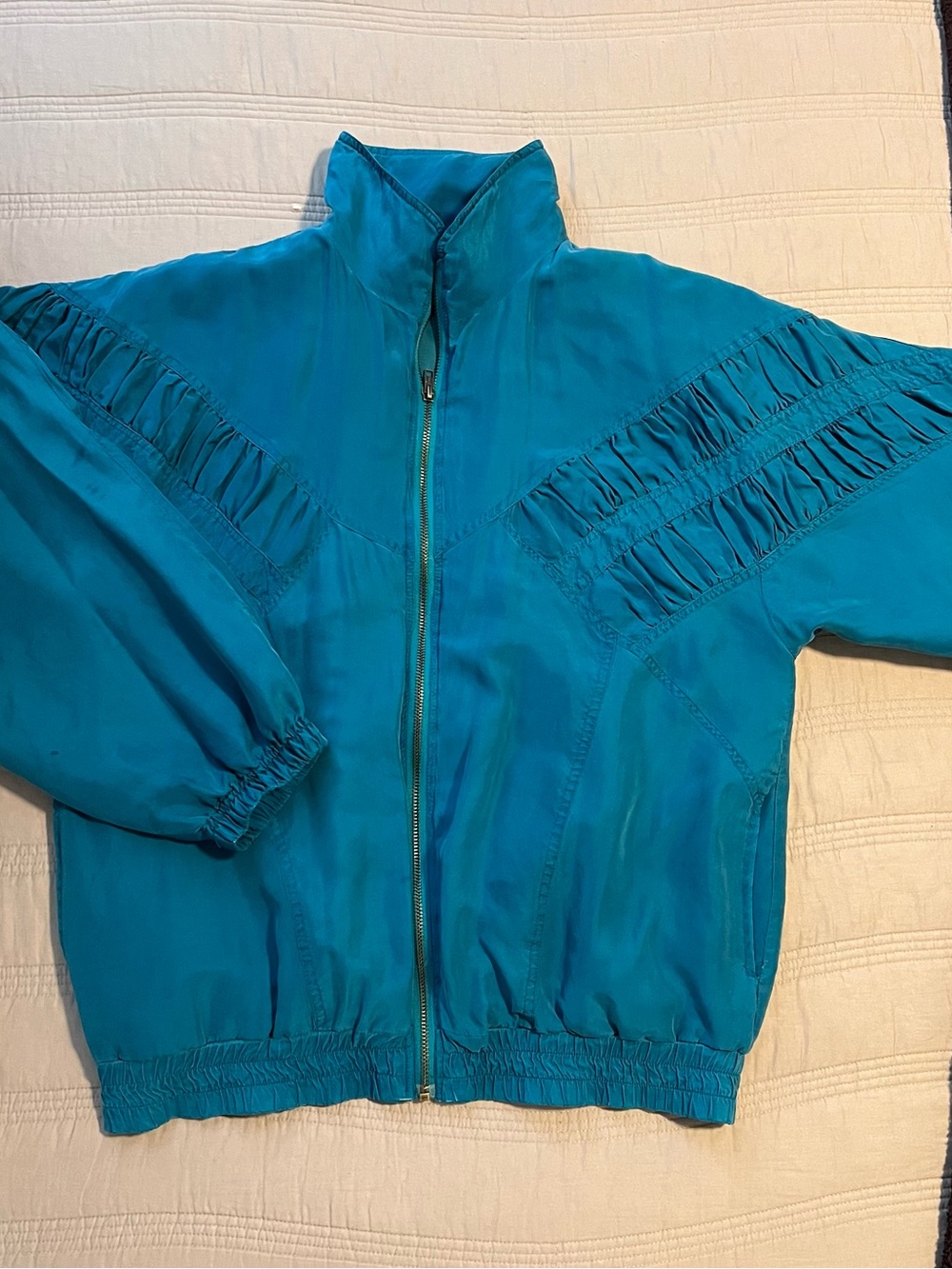 EVR Div Rousso Women's Teal Ruching Zip Front Bomber Jacket Silk Vintage